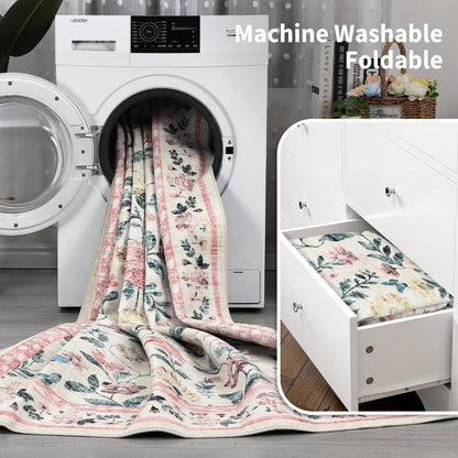 Waschbarer Teppich 200x290 cm – Rosa Blumenmuster, Rutschfest