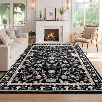 Waschbarer Teppich 200x290 cm – Rutschfest, Schwarz, Blumenmuster