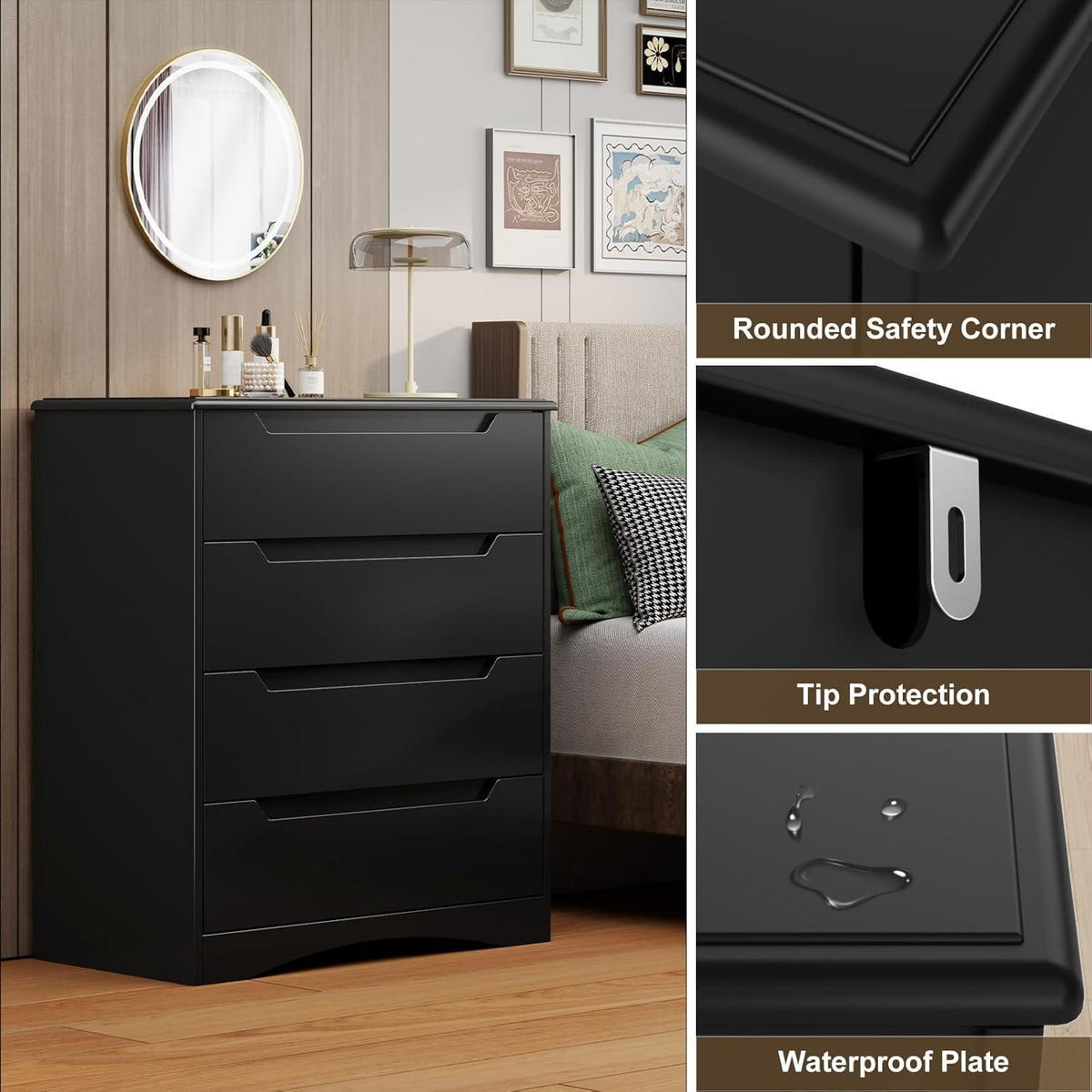 Schwarze Kommode mit 4 Schubladen – Schlafzimmer & Wohnzimmer