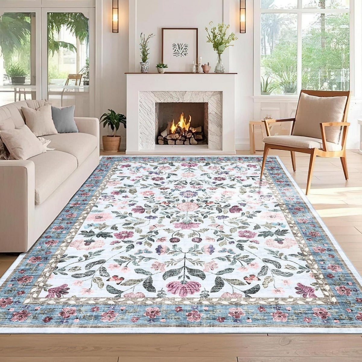 Waschbarer Teppich blau 200x290 cm – Rutschfest & Blumenmuster