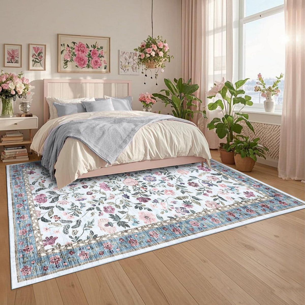 Waschbarer Teppich blau 200x290 cm – Rutschfest & Blumenmuster