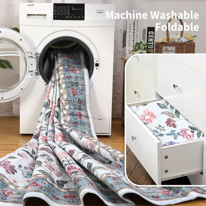 Waschbarer Teppich blau 200x290 cm – Rutschfest & Blumenmuster