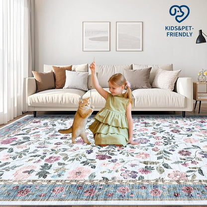 Waschbarer Teppich blau 200x290 cm – Rutschfest & Blumenmuster