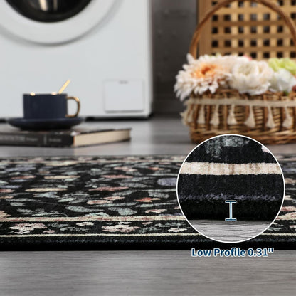Wohnzimmer Teppich Blumenmuster Schwarz 160x230 cm Waschbar