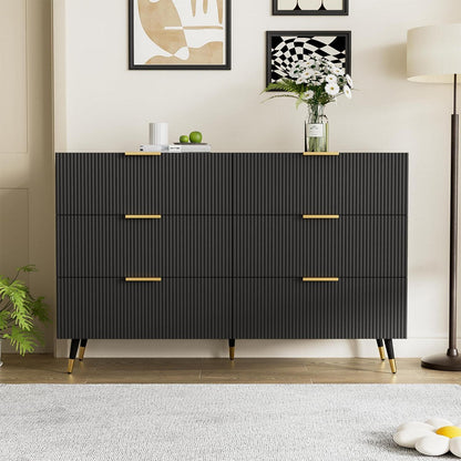 Modernes Sideboard Schwarz mit 6 Schubladen & Wellenmuster