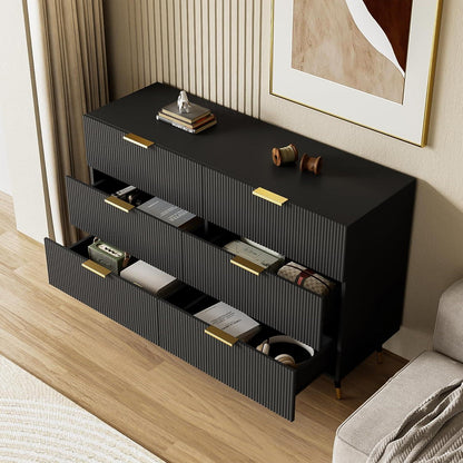 Modernes Sideboard Schwarz mit 6 Schubladen & Wellenmuster