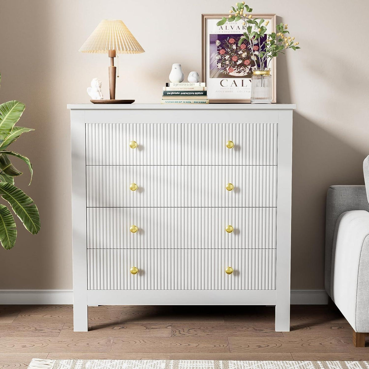 Modernes Sideboard mit 5 Schubladen, Weiß & Gold