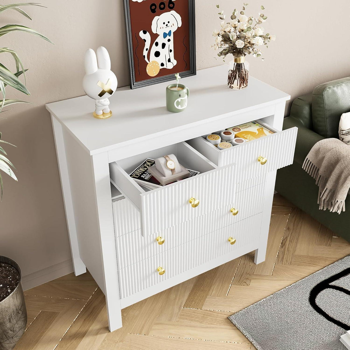 Modernes Sideboard mit 5 Schubladen, Weiß & Gold