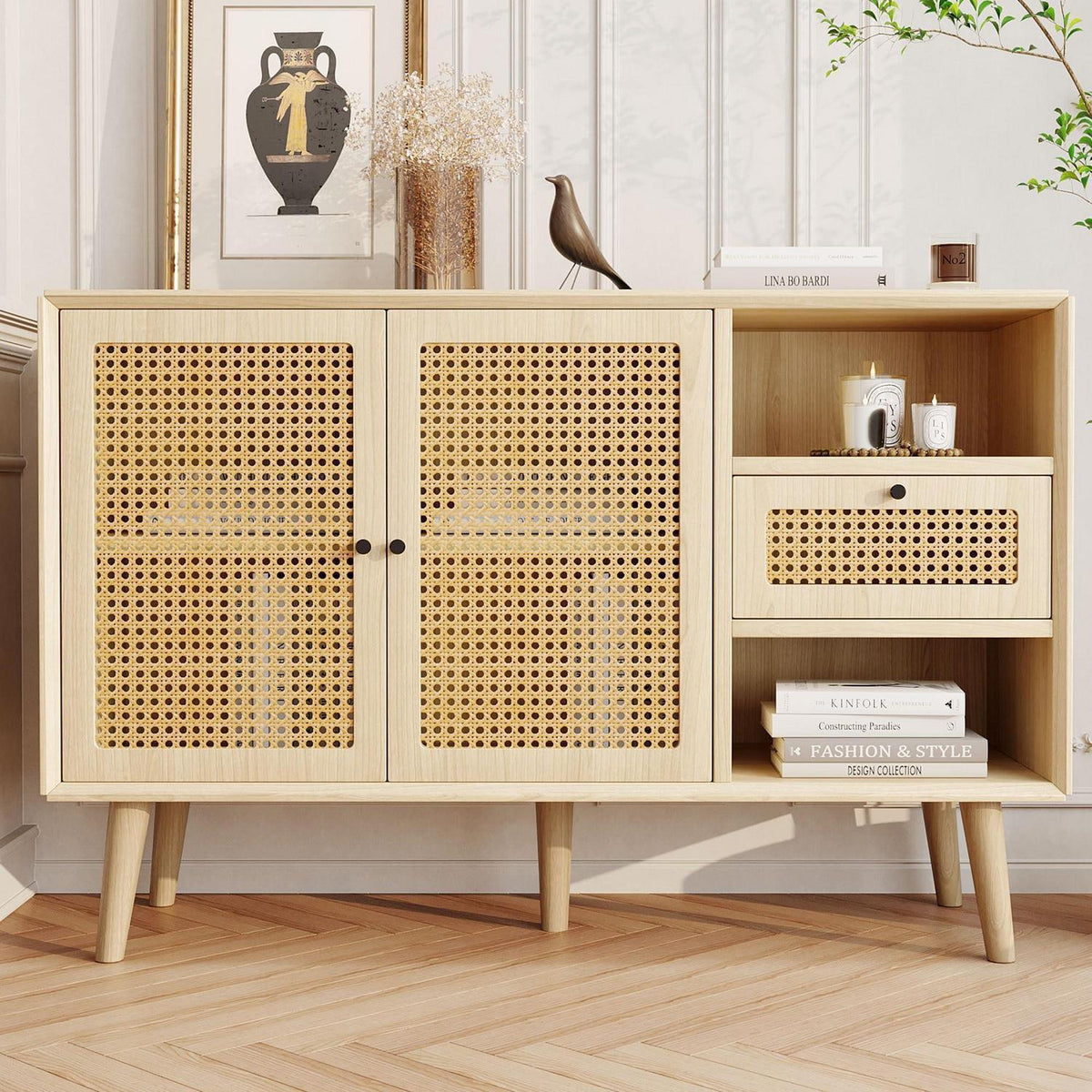 Rattan Sideboard mit Schublade & verstellbaren Regalen (120x40x80cm)