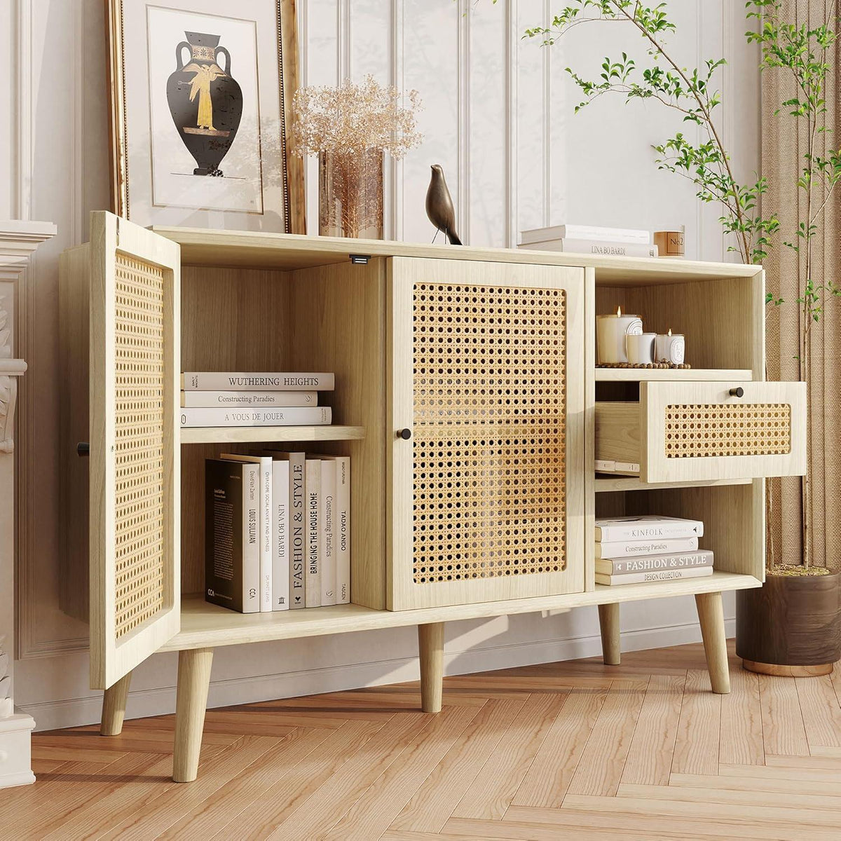 Rattan Sideboard mit Schublade & verstellbaren Regalen (120x40x80cm)