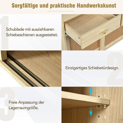 Rattan Sideboard mit 3 Schubladen & Schiebetüren, 120x40x78cm