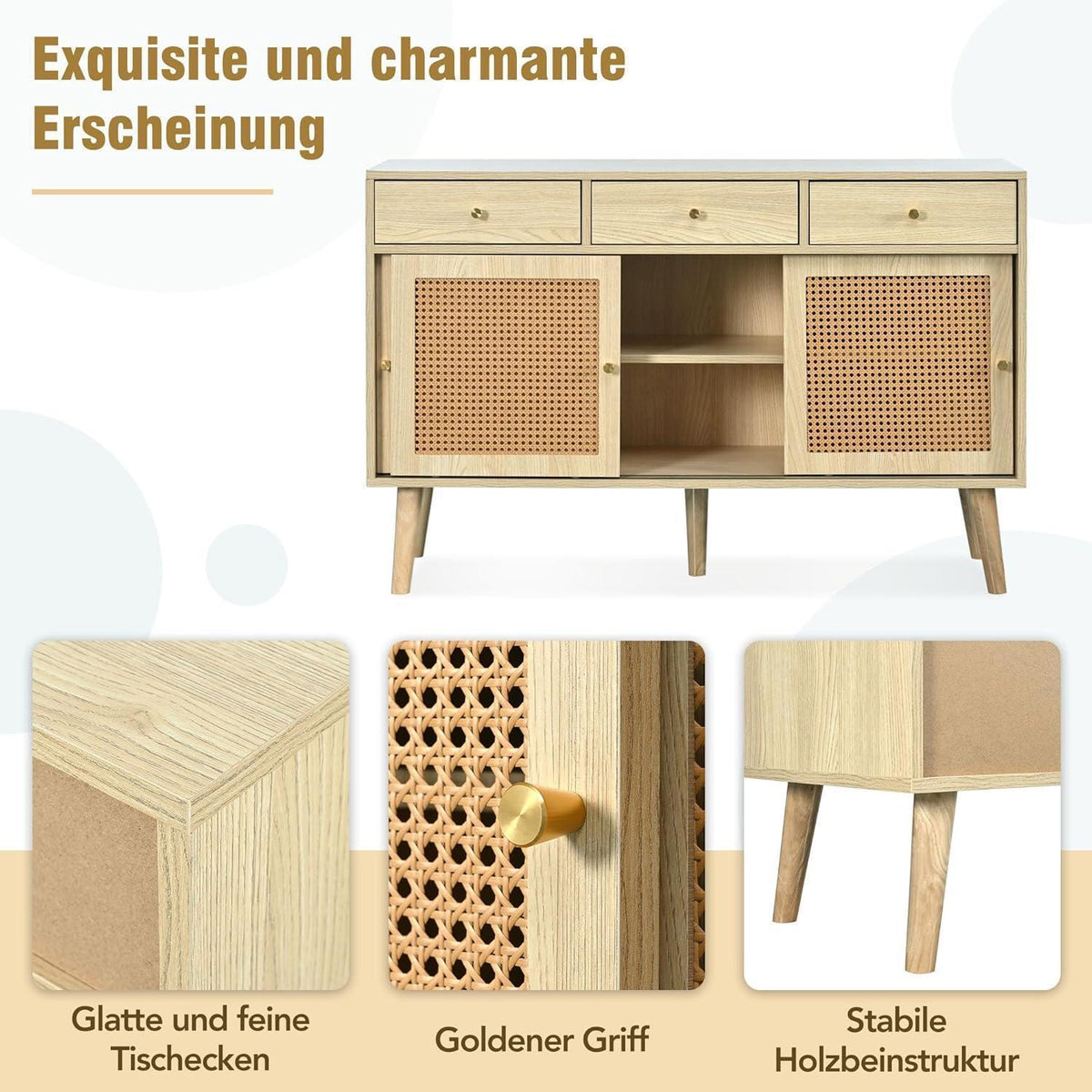 Rattan Sideboard mit 3 Schubladen & Schiebetüren, 120x40x78cm
