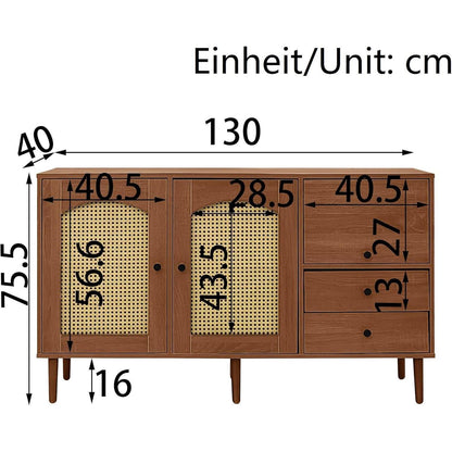 Rattan Sideboard mit 3 Schubladen & 2 Türen – Boho Schrank 130x40x75,5cm