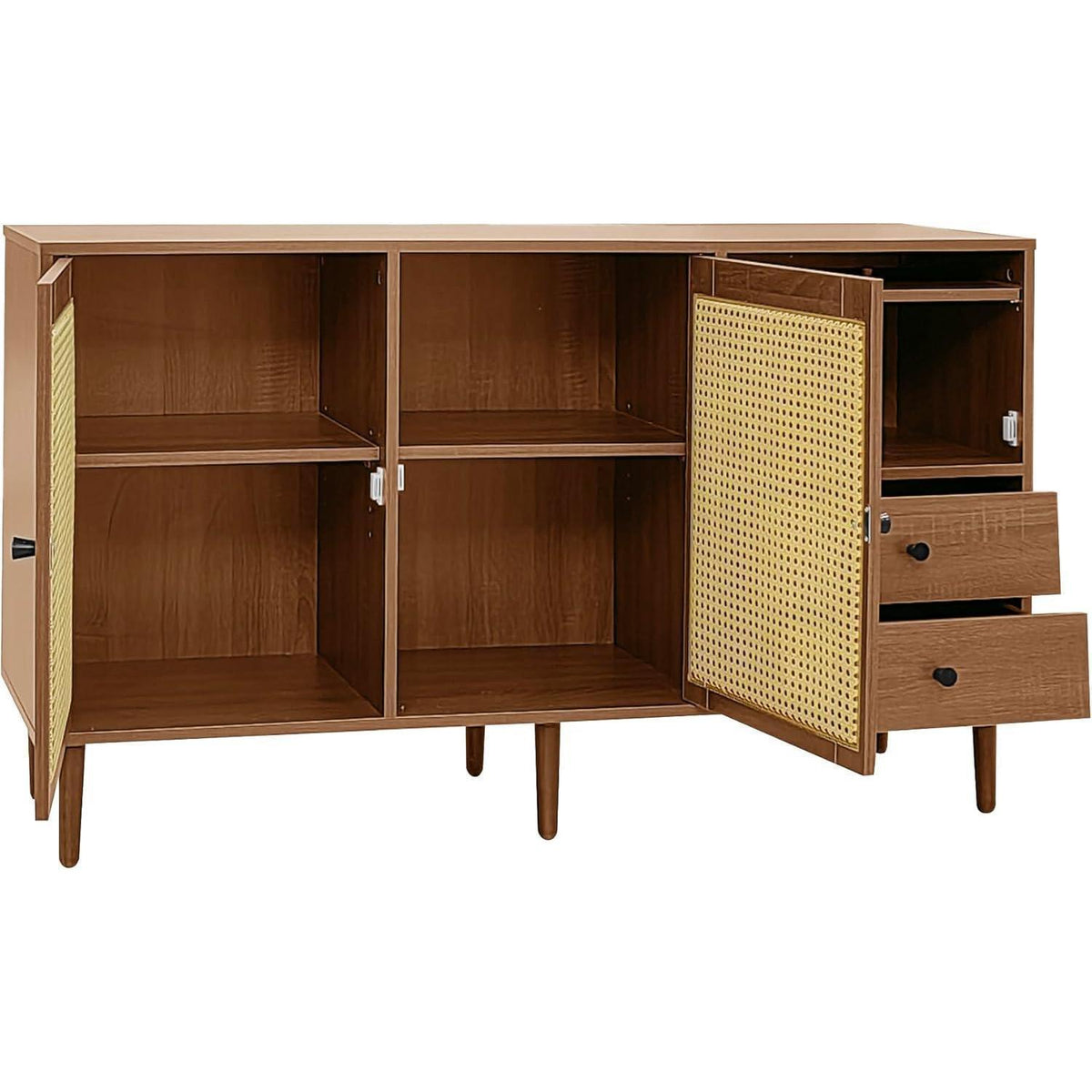 Rattan Sideboard mit 3 Schubladen & 2 Türen – Boho Schrank 130x40x75,5cm
