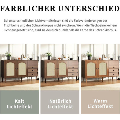 Rattan Sideboard mit 3 Schubladen & 2 Türen – Boho Schrank 130x40x75,5cm
