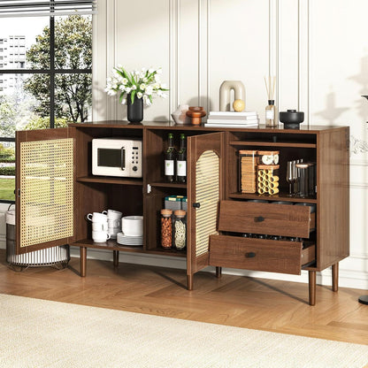 Rattan Sideboard mit 3 Schubladen & 2 Türen – Boho Schrank 130x40x75,5cm