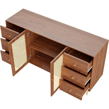 Sideboard Rattan & Holz | Kommode mit 6 Schubladen & 2 Türen (160x40x90cm)