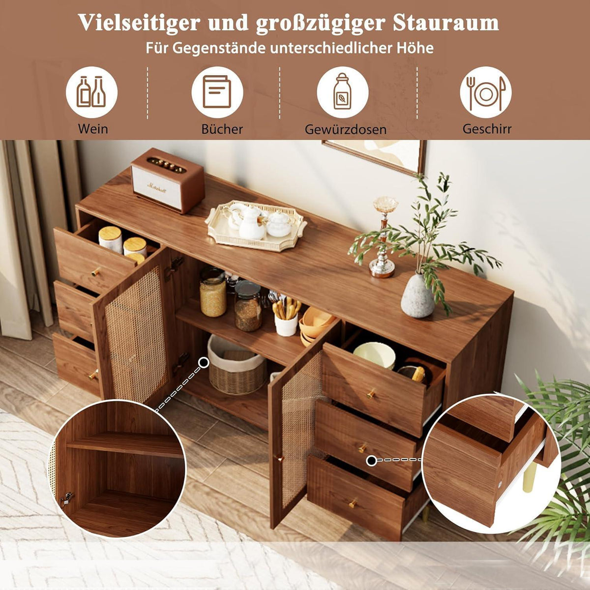 Sideboard Rattan & Holz | Kommode mit 6 Schubladen & 2 Türen (160x40x90cm)