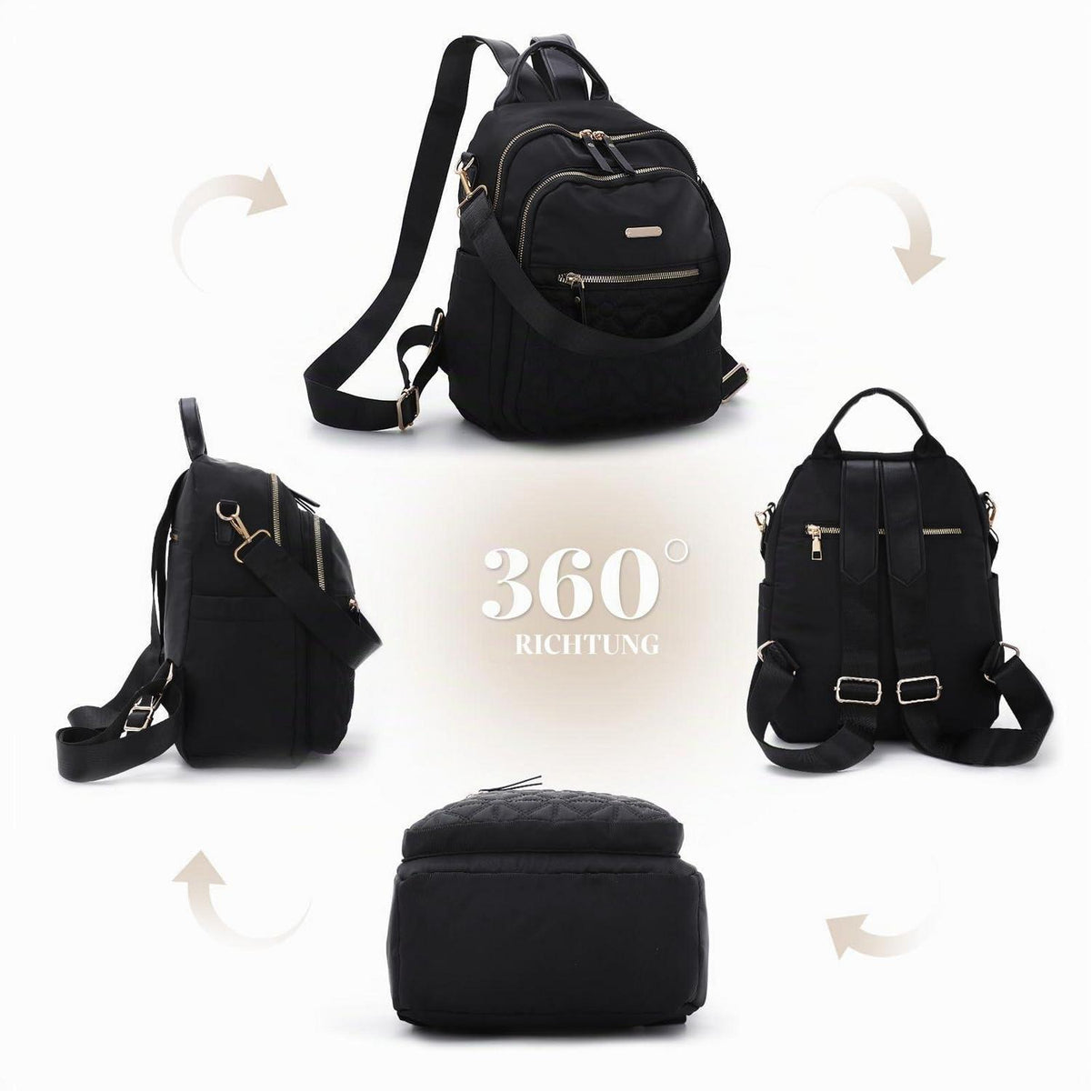 Damen Anti-Diebstahl Rucksack Klein, Nylon Daypack Schwarz