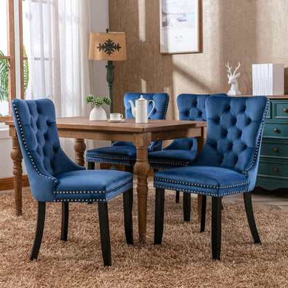 Esszimmerstühle Set 4 Blau, Samt & Holz, Tufted Design