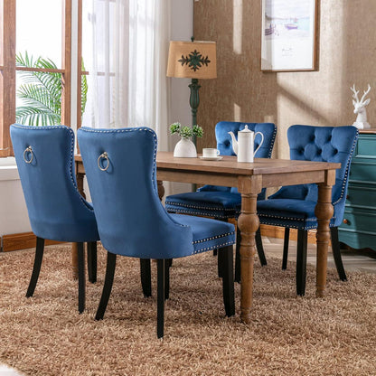 Esszimmerstühle Set 4 Blau, Samt & Holz, Tufted Design