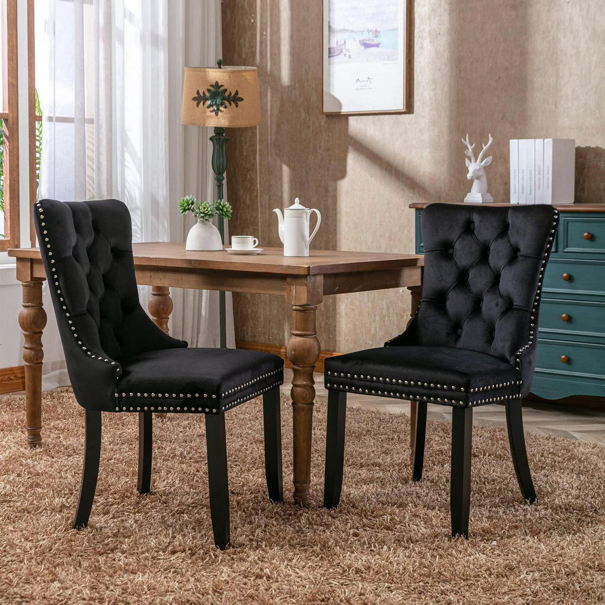 Esszimmerstühle 2er Set Samt, Gepolstert & Nieten Design Schwarz