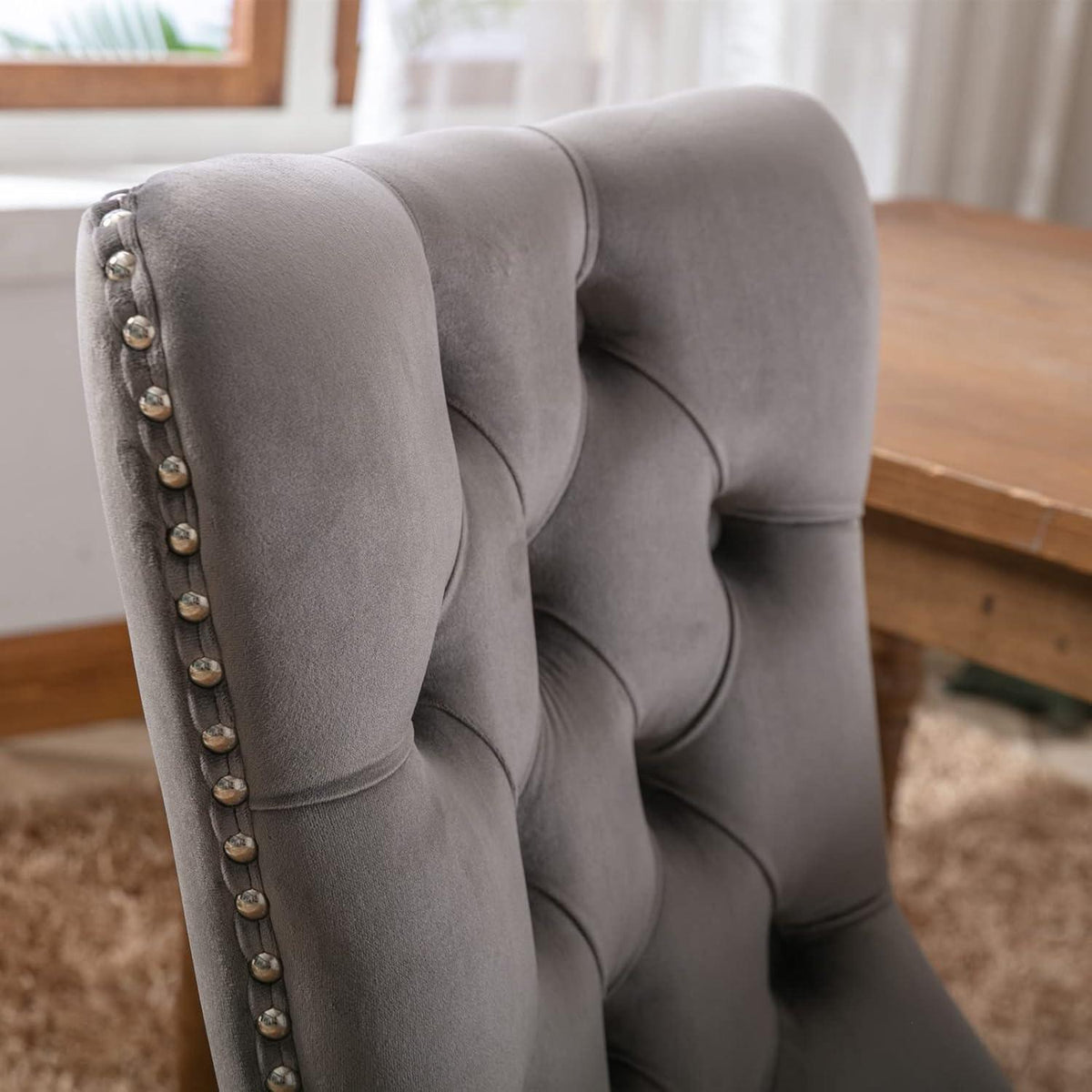 Esszimmerstühle 2er Set Grau, Samt & Holz, Tufted Design