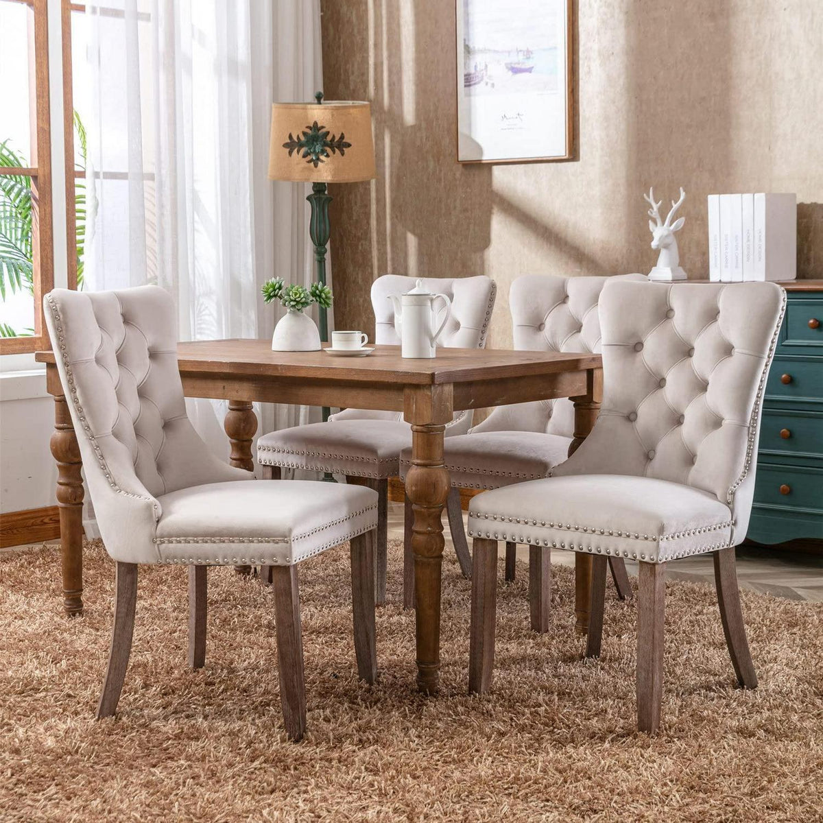 Esszimmerstühle Set 4er – Samt, Beige, Gepolstert & Stabil