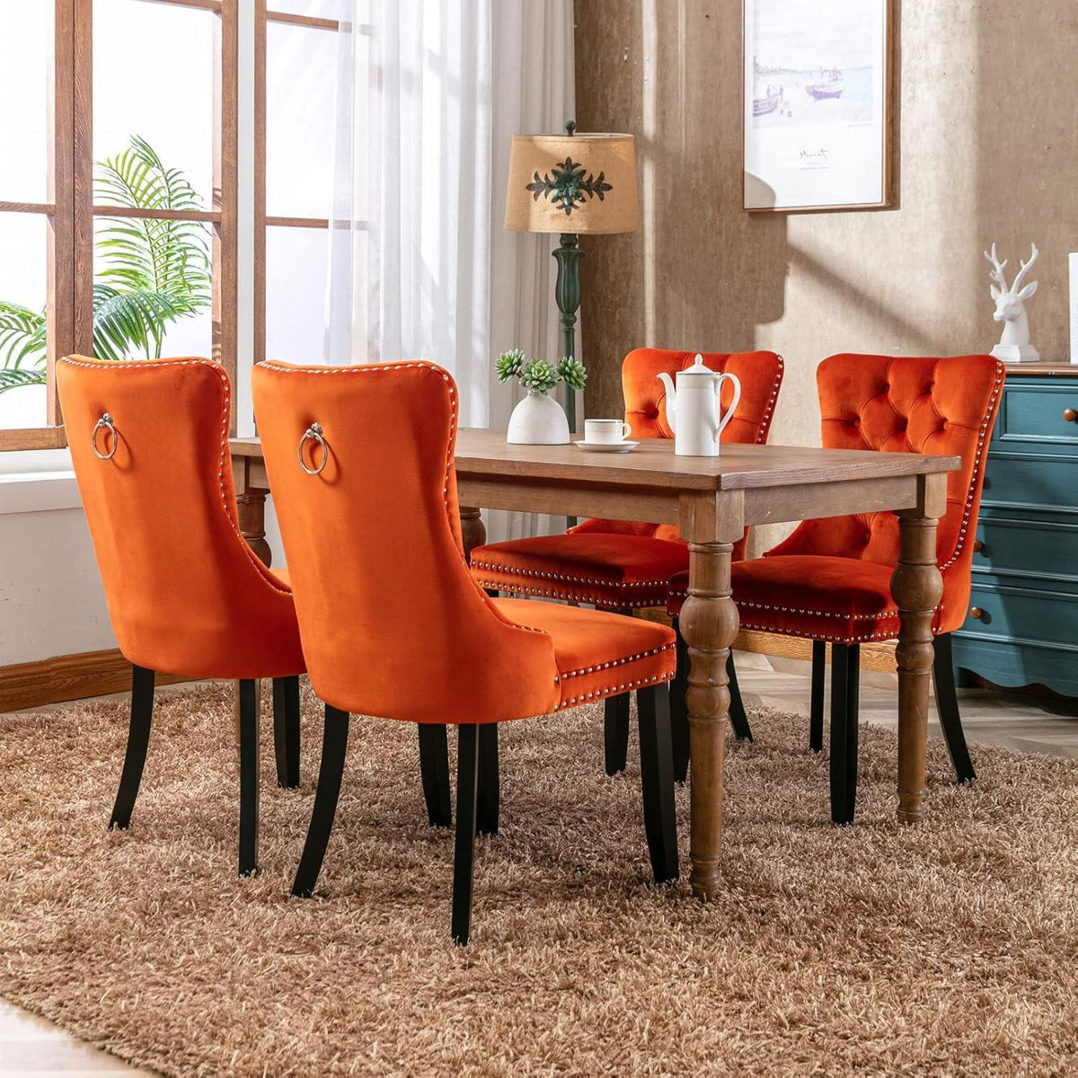 Esszimmerstühle Set 4 – Samt, Orange, Nieten Design