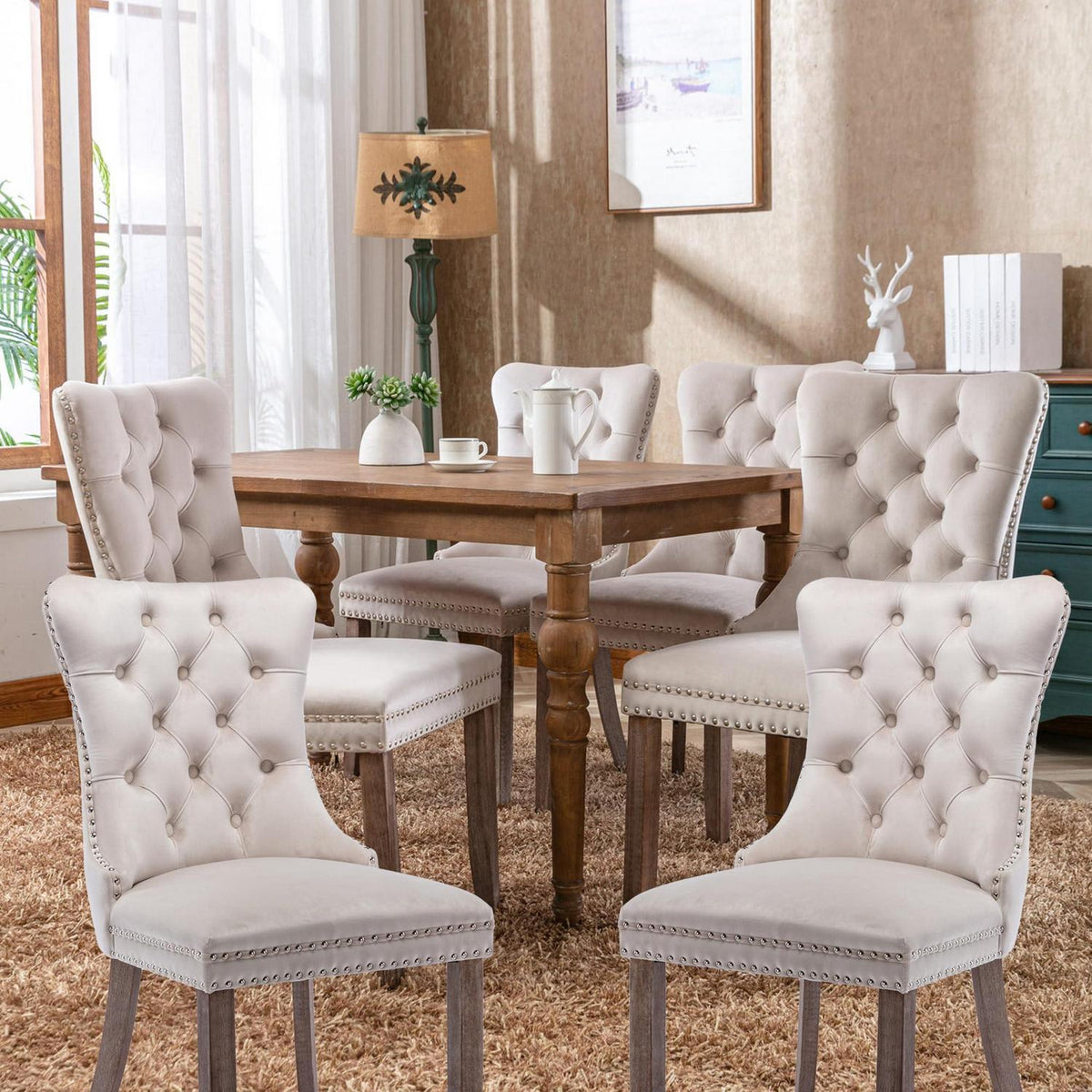 Esszimmerstühle 6er Set, Samt & Holz, Beige