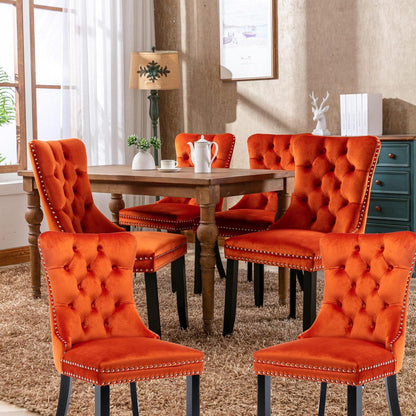 Esszimmerstühle 6er Set Samt, Gepolstert & Nieten Dekor Orange