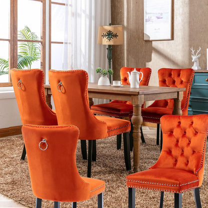 Esszimmerstühle 6er Set Samt, Gepolstert & Nieten Dekor Orange