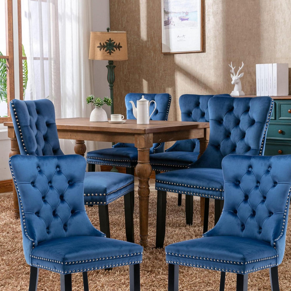 Esszimmerstühle 6er Set Samt Blau, Gepolstert & Nieten Design