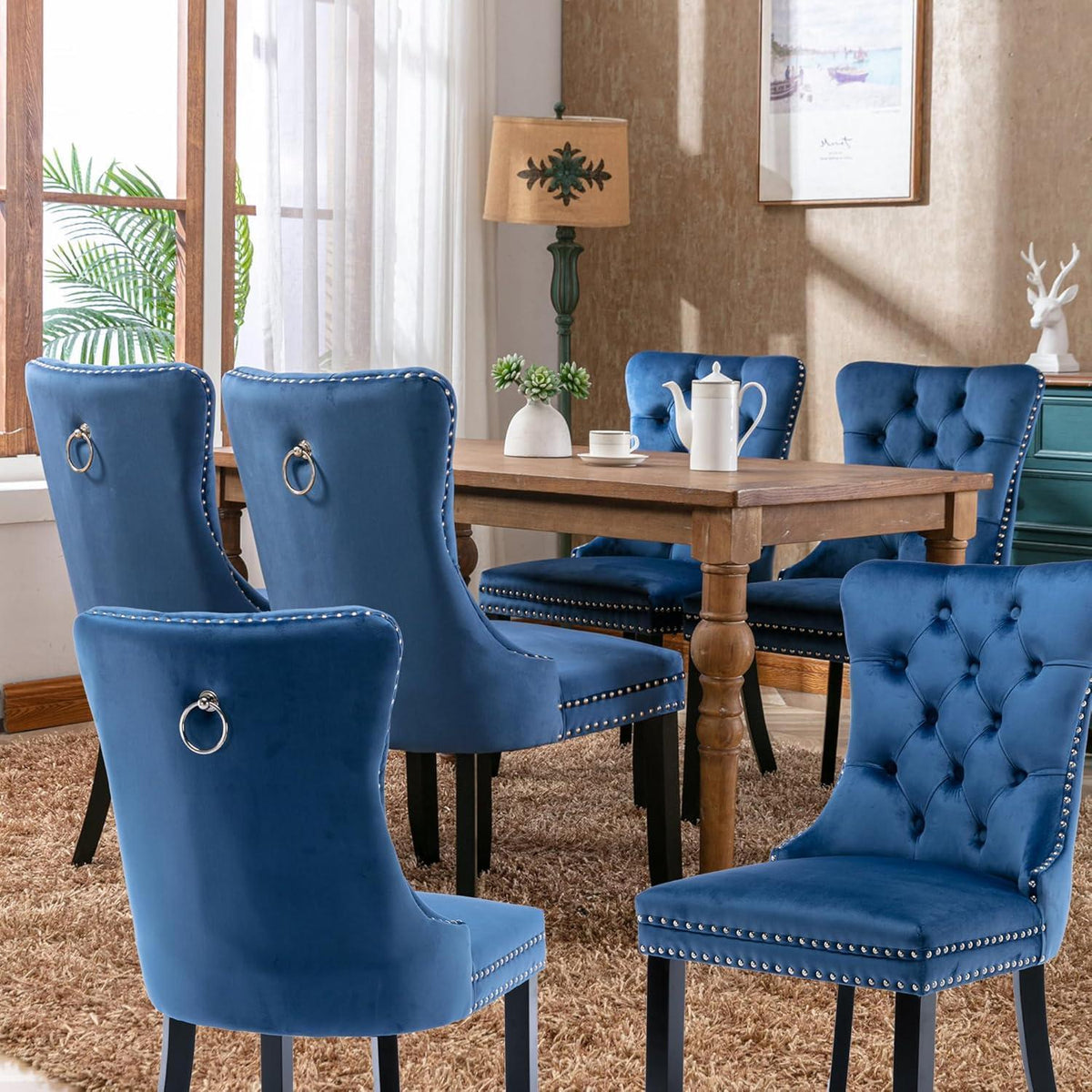 Esszimmerstühle 6er Set Samt Blau, Gepolstert & Nieten Design