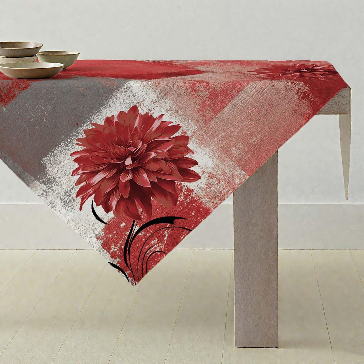 Retro Tischdecke Rot Grau Blume 100x100 cm