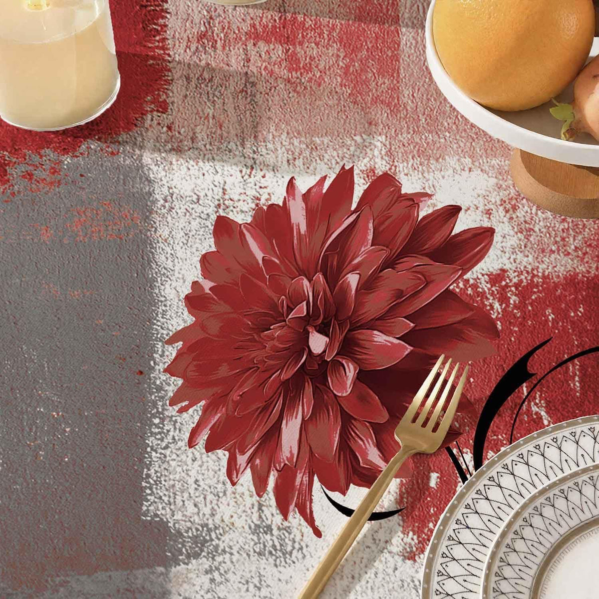Retro Tischdecke Rot Grau Blume 100x100 cm