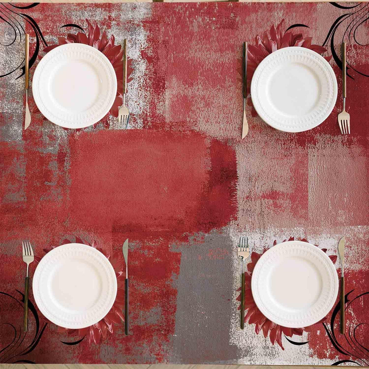 Retro Tischdecke Rot Grau Blume 100x100 cm