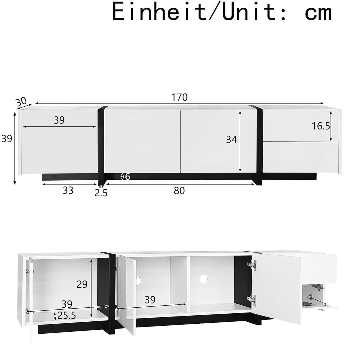 Weißer TV-Schrank mit Schublade & Türen, 170x30x39cm