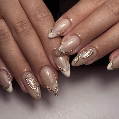 24 Stück 3D Gold Glitzer Mandel Nägel - Französisch Design zum Aufkleben