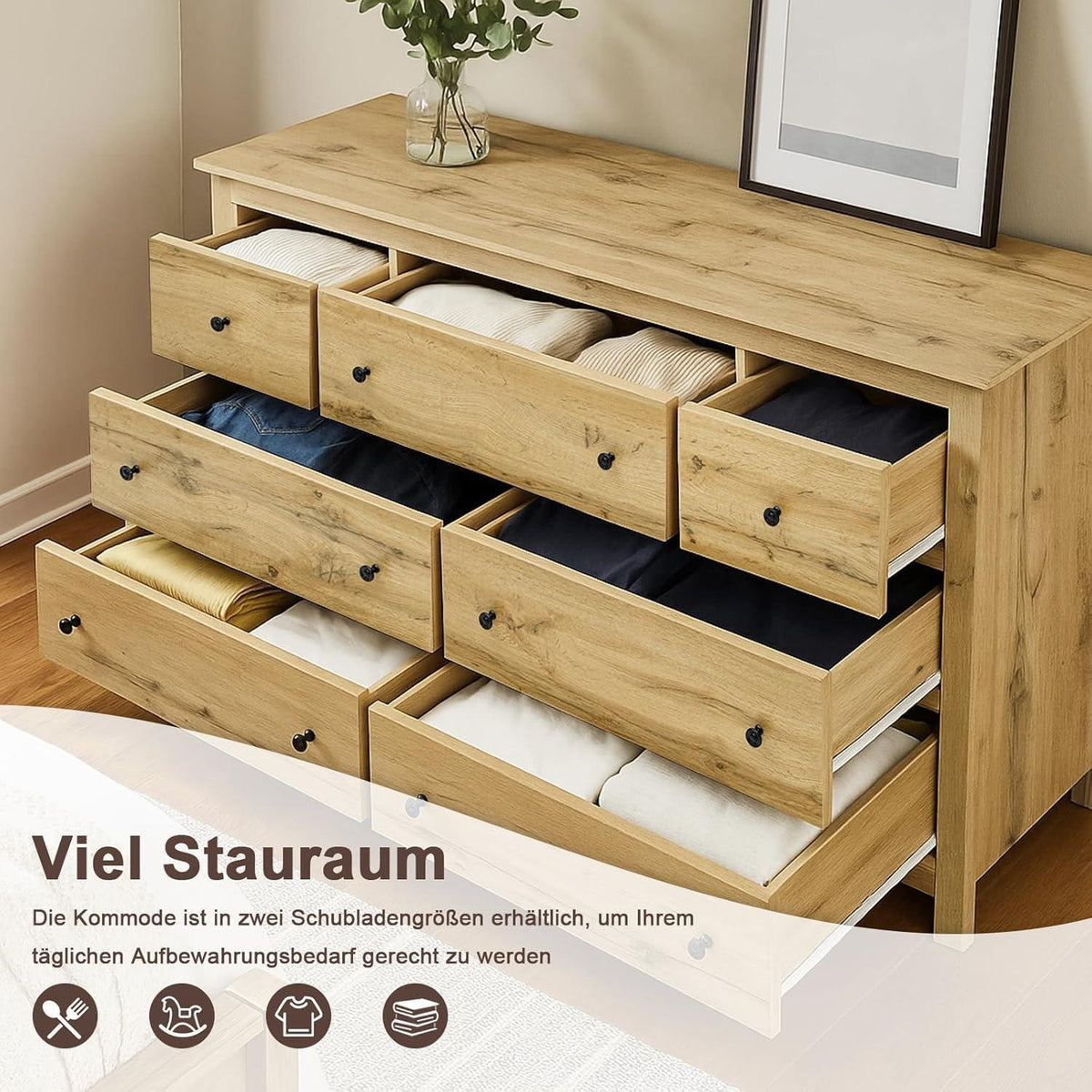 Kommode mit 7 Schubladen | Sideboard Holz, Verstellbar, 152x40x89cm