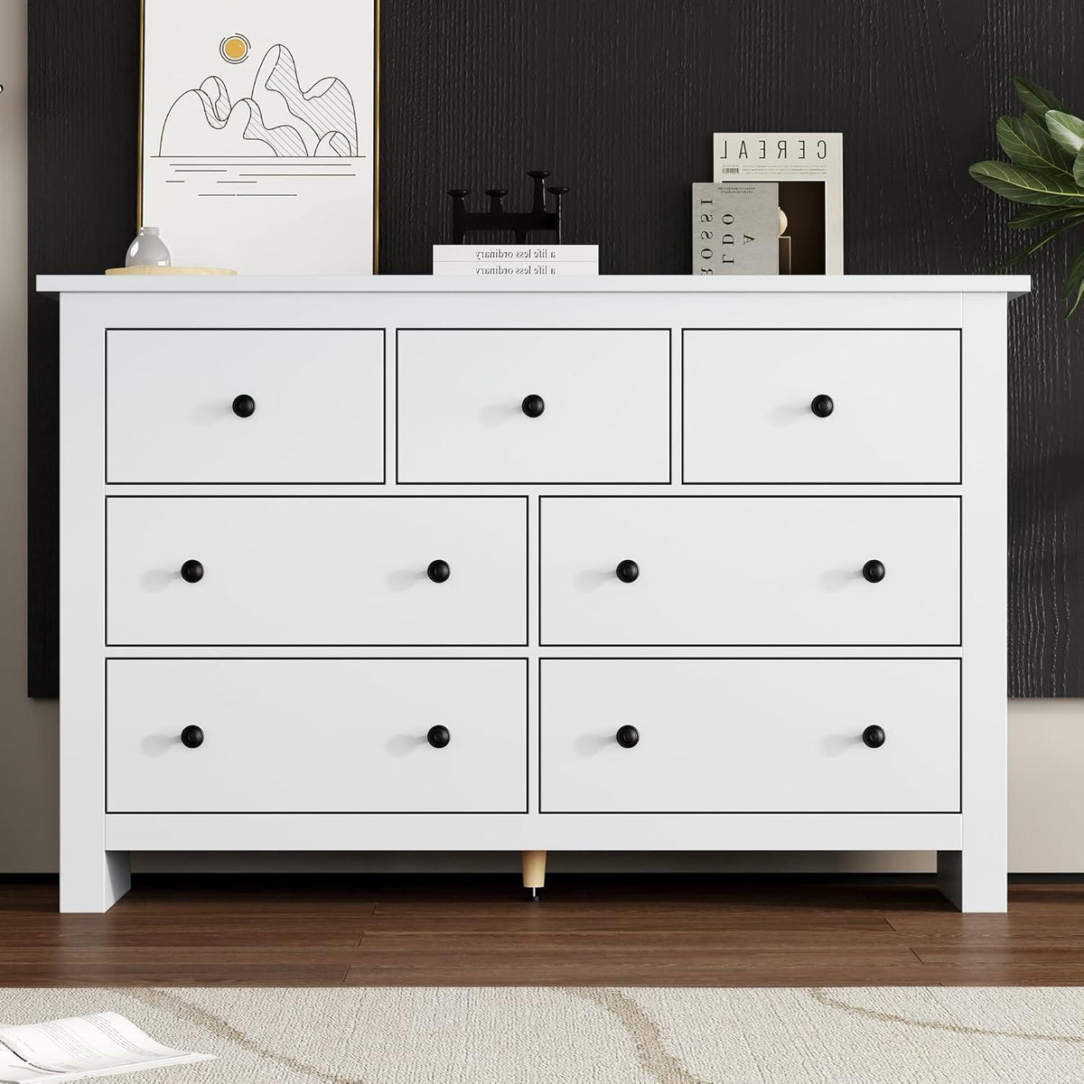 Kommode mit 7 Schubladen | Weißes Sideboard Holz verstellbar