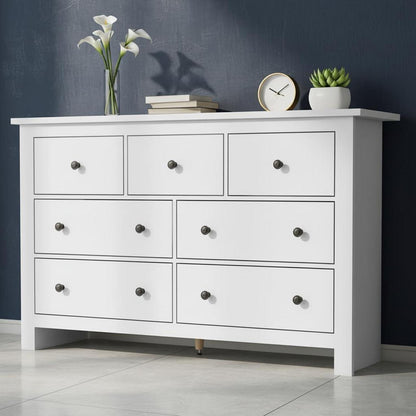 Kommode mit 7 Schubladen | Weißes Sideboard Holz verstellbar