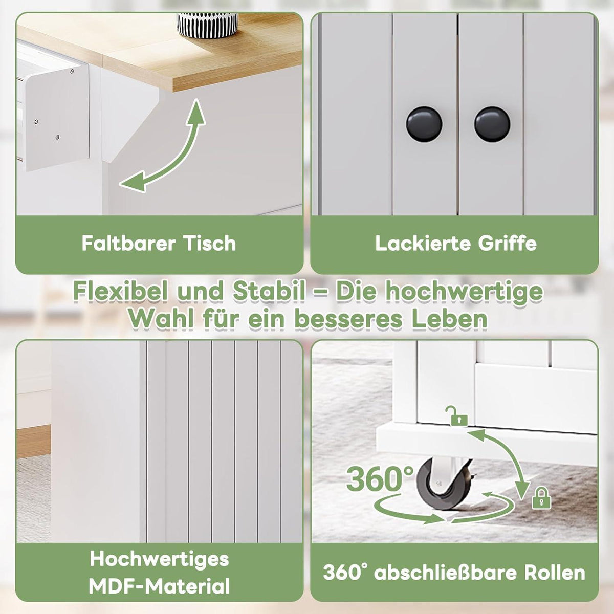 Bewegliche Kücheninsel mit Arbeitsplatte & Schubladen Weiß