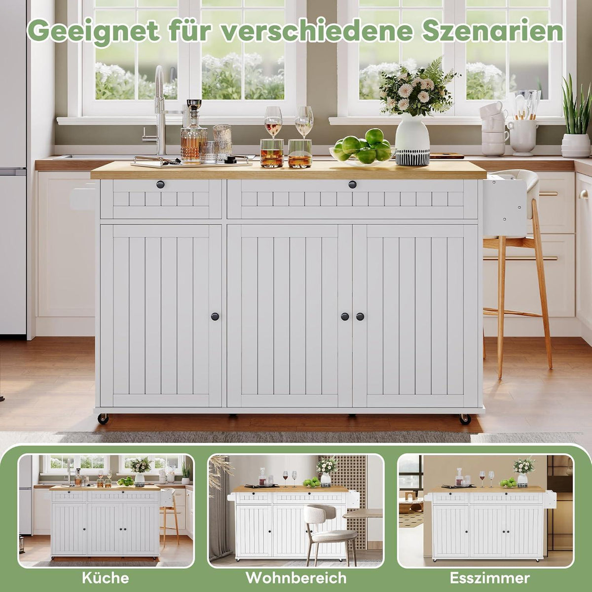 Bewegliche Kücheninsel mit Arbeitsplatte & Schubladen Weiß