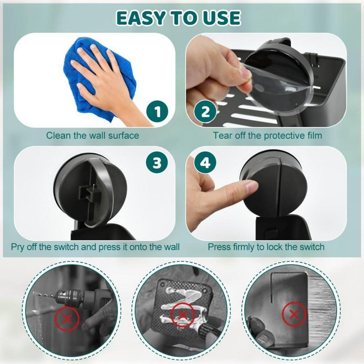 Duschablage Saugnapf mit 4 Haken – Bohrlos & Vielseitig