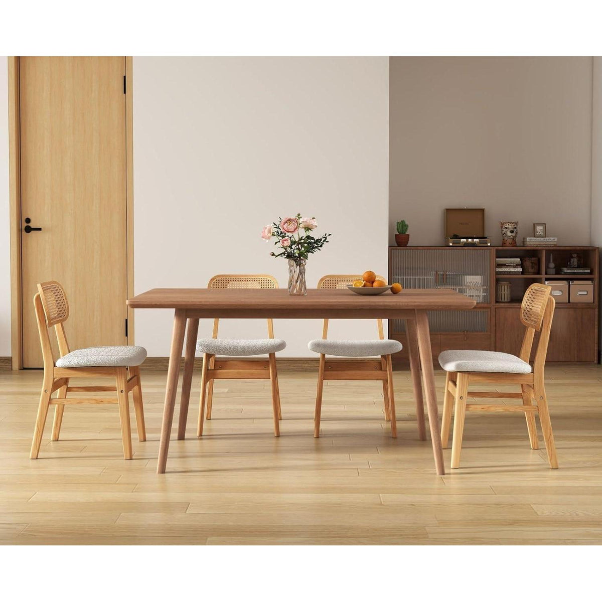 Esszimmerstühle 2er Set Holz & Kunstfell mit Rattan Rückenlehne