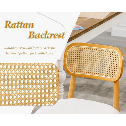 Esszimmerstühle 2er Set Holz & Kunstfell mit Rattan Rückenlehne