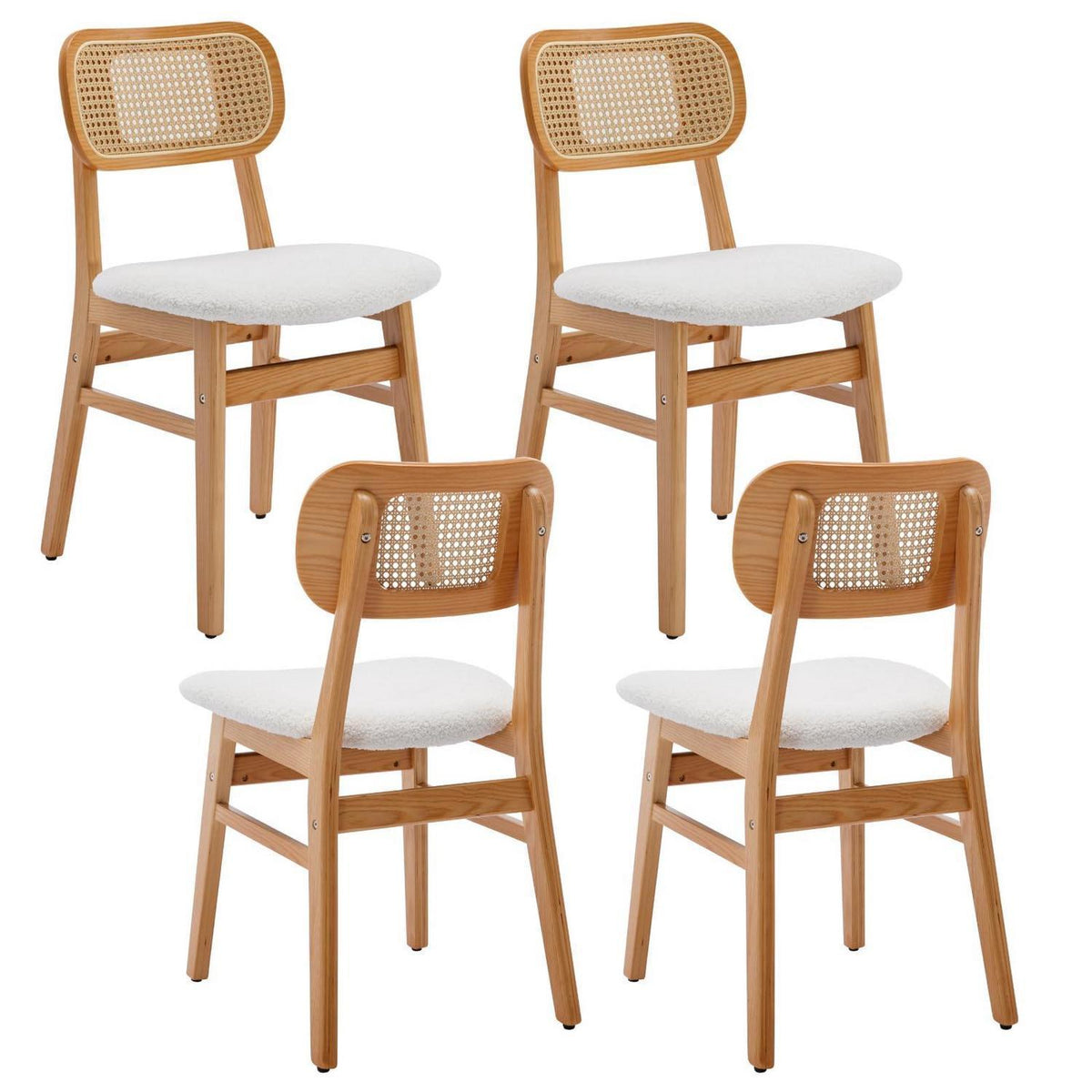 Esszimmerstühle 4er Set Holz & Kunstfell mit Rattan Rückenlehne Beige