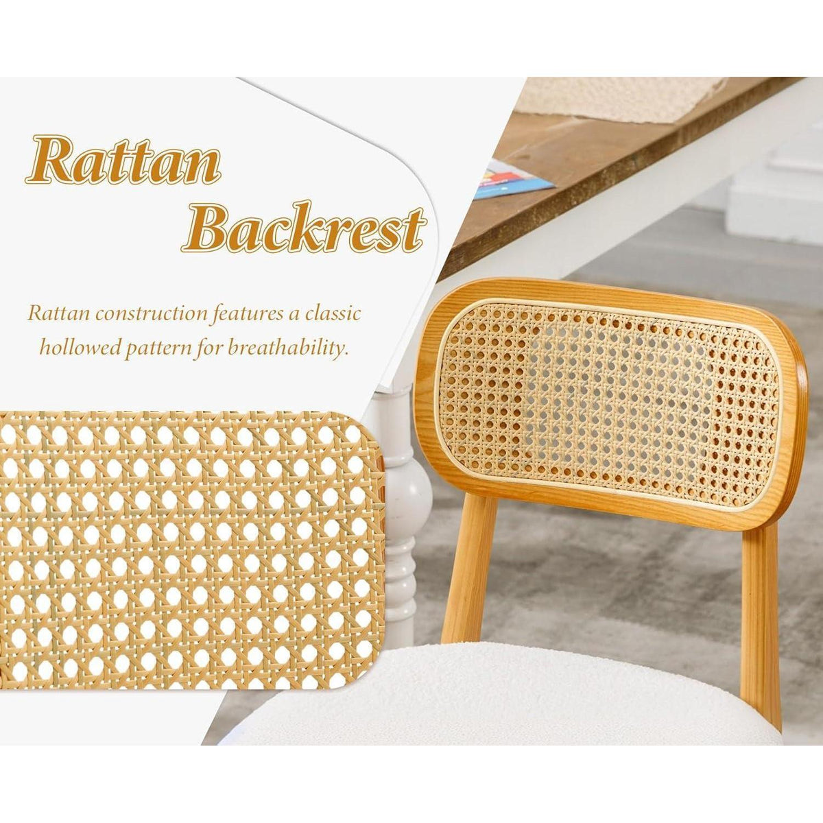 Esszimmerstühle 4er Set Holz & Kunstfell mit Rattan Rückenlehne Beige