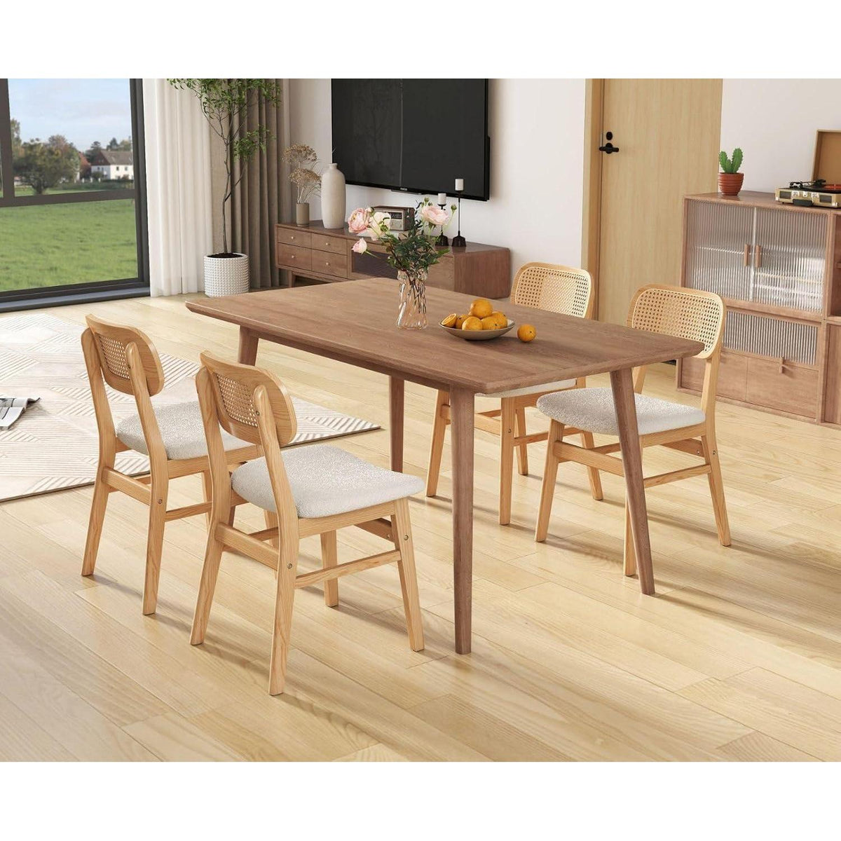 Esszimmerstühle 4er Set Holz & Kunstfell mit Rattan Rückenlehne Beige